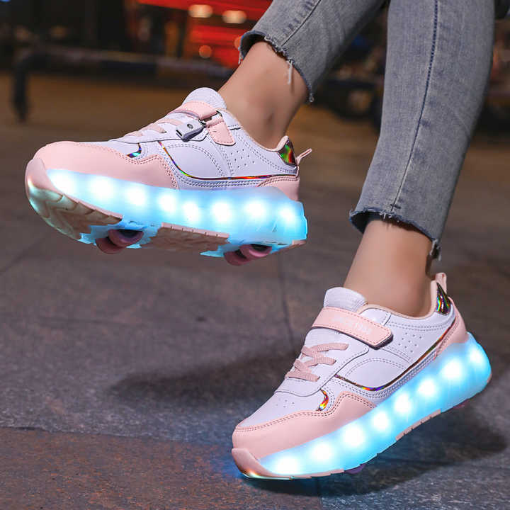 4 Wheel Roller Skates for Girls, Kids Roller Sports Shoes, Rechargeable LED Roller Skates with On/Off Switch