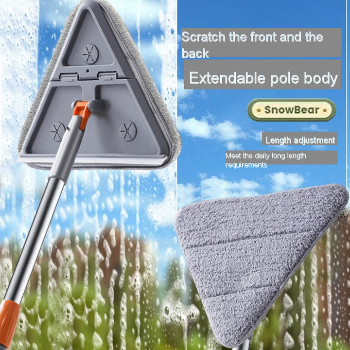 X with rotating feature, triangular chenille material shaped head, for use in household cleaning