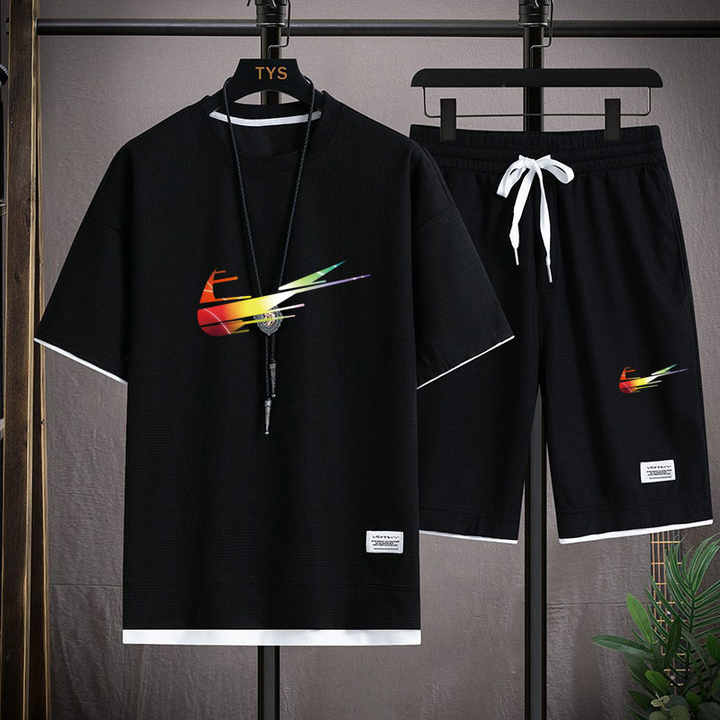 Men's 2 Piece Holiday Couple Set Fashion Loose T-shirt + Plus Size Five Quarter Pants