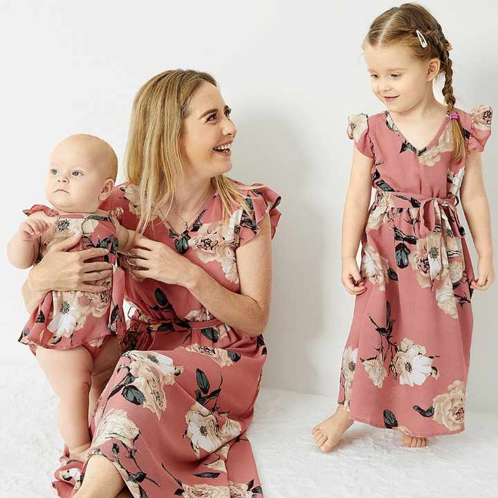 Good price for new design floral print matching sets family casual mother and daughter dresses