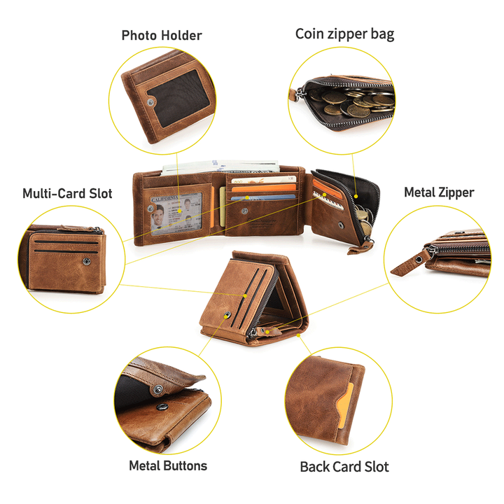 Crazy Horse Men's Genuine Leather Trifold Wallet. Contact's Wholesale Crazy Horse Men's Genuine