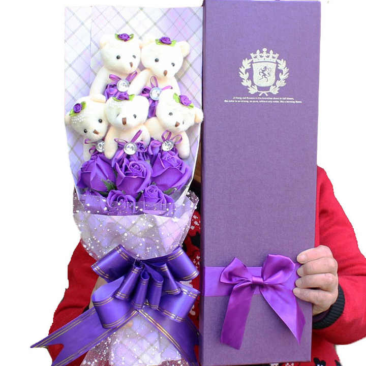 Pink Soft Plush Flower - Cartoon Bear Shaped Low Cut Plush Flower Bouquet