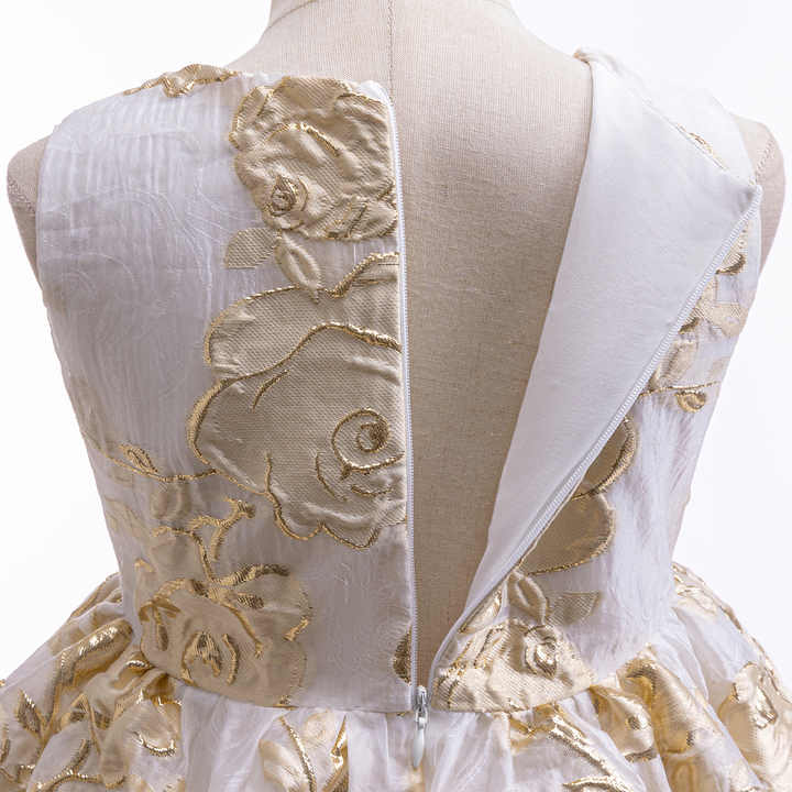Lantern Knee Skirt Girl Dresses-Gold Floral Jacquard Princess Skirt