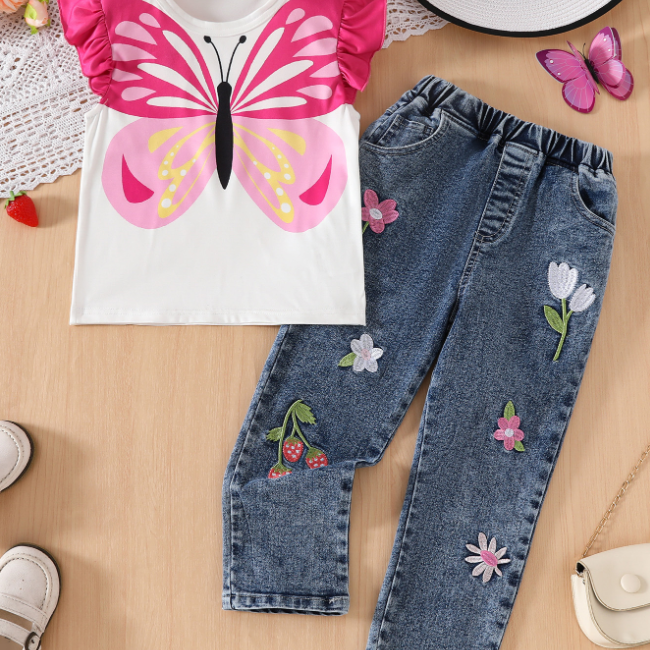 CL6862 Sweet Design Girls' Jeans and Cotton Shirt Set Casual 2 Piece Set