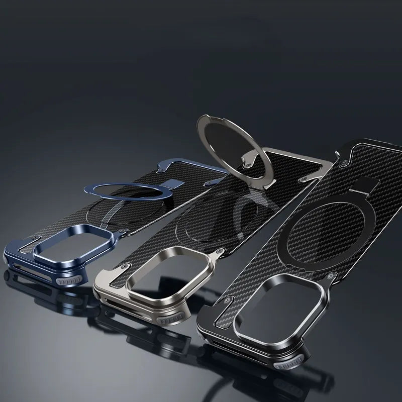 غطاء خلفي فاخر من ألياف الكربون مغناطيسي معدني من الألومنيوم بدون إطار لهاتف أيفون 16 برو ماكس