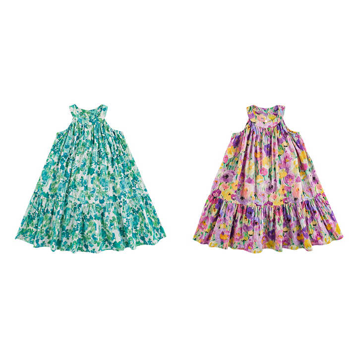 YOEHYAUL X4925 فساتين بناتي بدون أكمام بحزام 1 سنة 1-8 طن أخضر أرجواني طويل طفل رضيع فستان زهري قطني للأطفالYOEHYAUL X4925 Girls Sleeveless Dresses with Belt 1 Year 1-8T Green Purple Long Toddler Baby Floral Cotton Dress for Kids