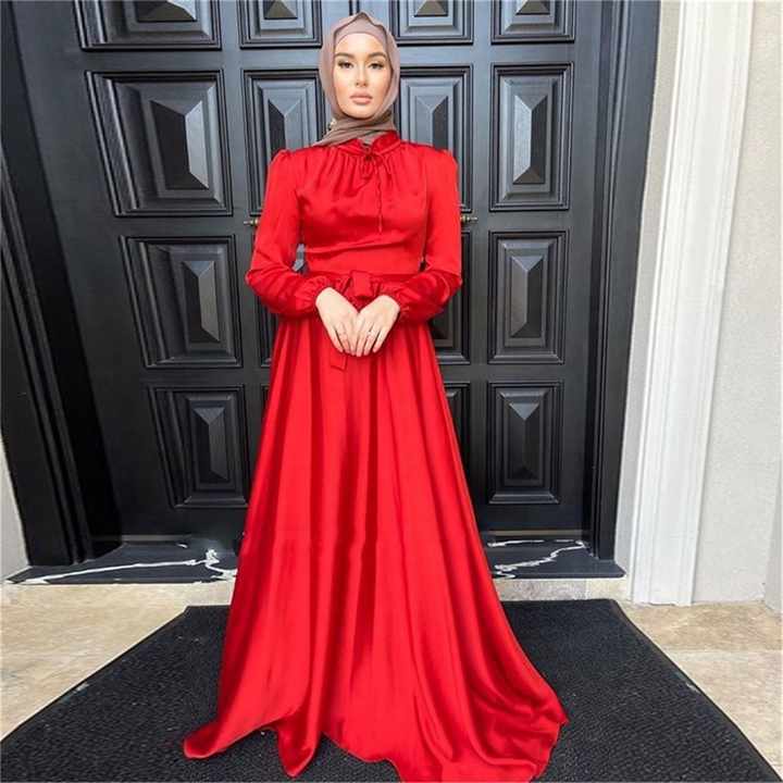 Women Muslim Satin Silk Puff Long-فستان ماكسي بأكمام