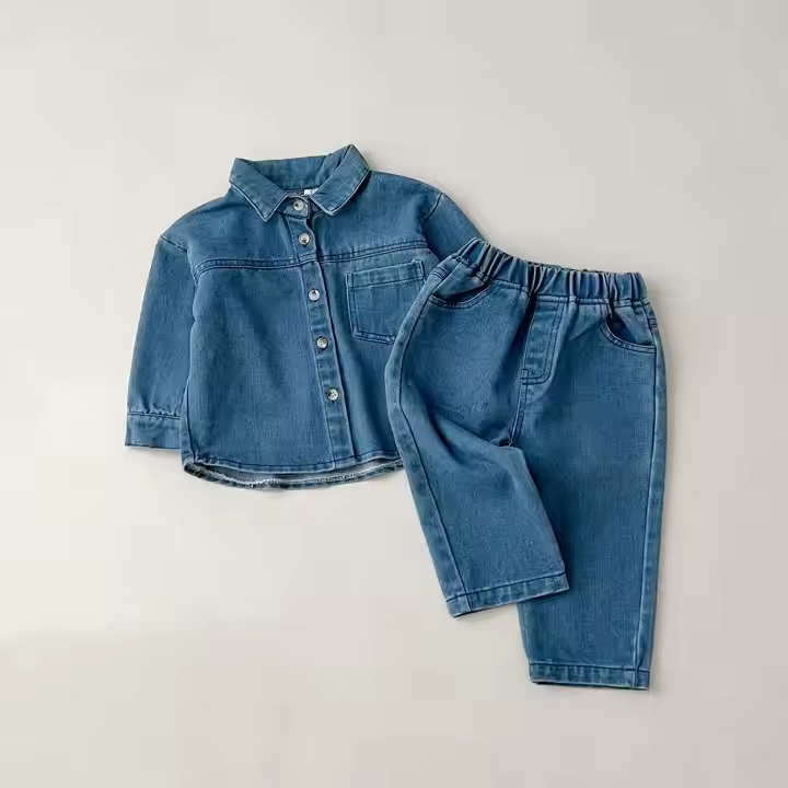 New Korean Boys and Girls Autumn 2 Piece Set Denim Suits Long Sleeve Shirt and Jeans