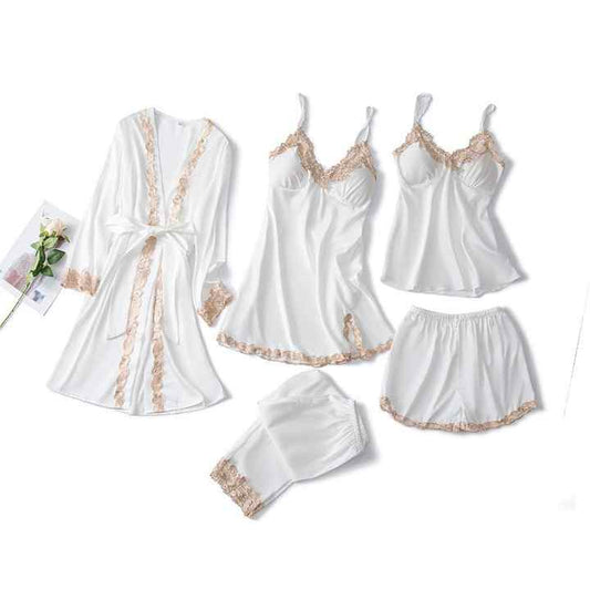5 Pieces Summer Pajama Suit Sleepwear Girls Sexy Ladies Pajamas Nightgown Silk Satin Women Sleepwear Set with Robe