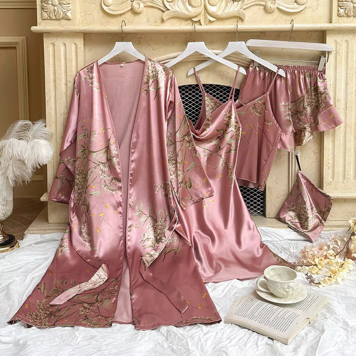 Floral Print Silk Pajamas - Robe Set for Women