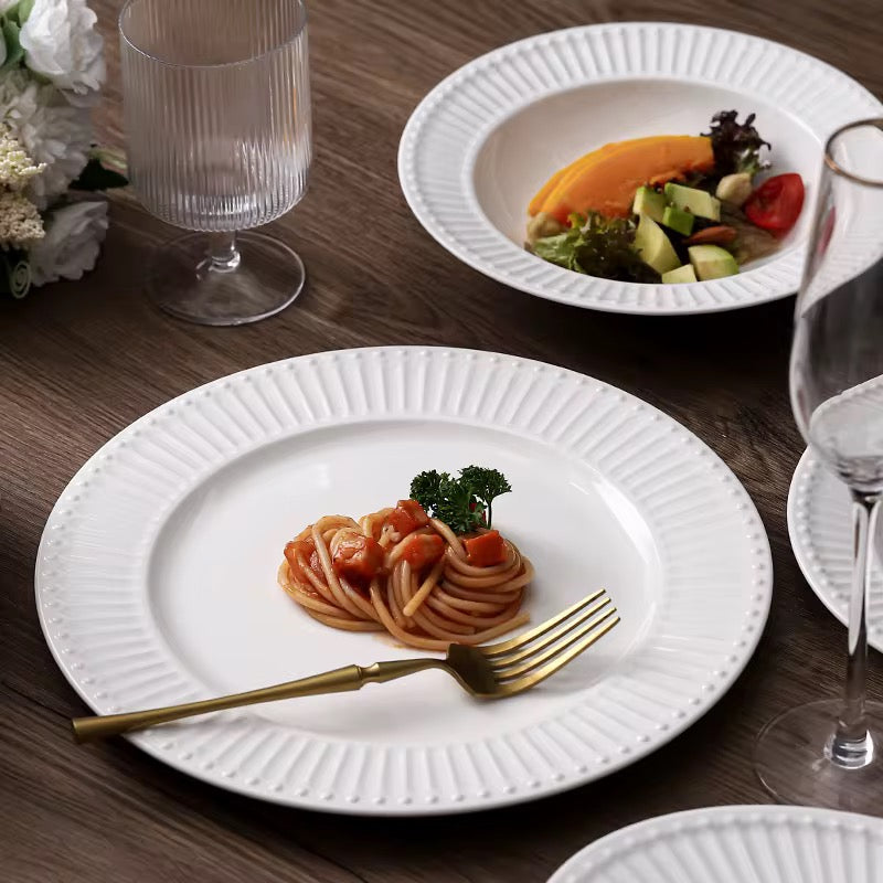 طقم عشاء فاخر مدور أبيض منقوش لمطعم الفندق - Luxury White Round Embossed Dinner Set