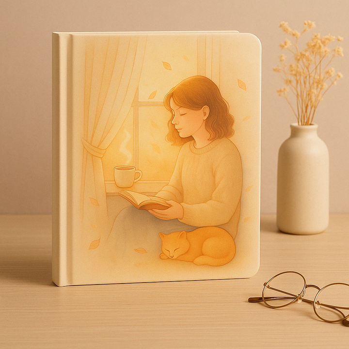 دفتر ملاحظات دافيء ودافئ مع قراءة فتاة