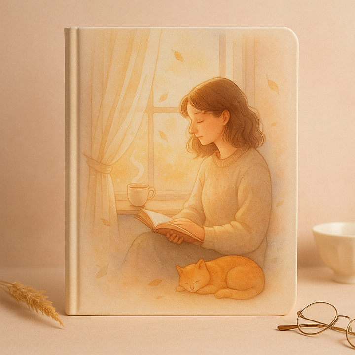 دفتر ملاحظات دافيء ودافئ مع قراءة فتاة