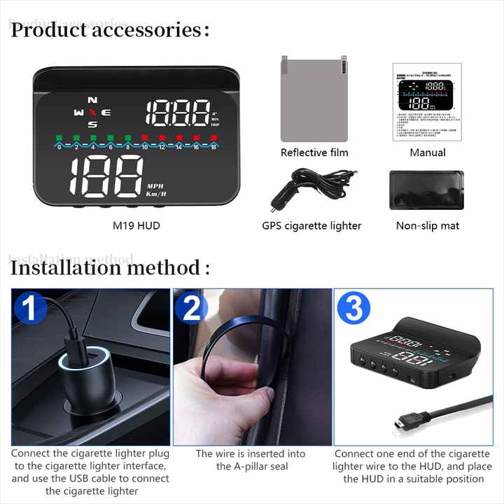 M19 Car Head Up Display GPS Digital Speedometer. 
