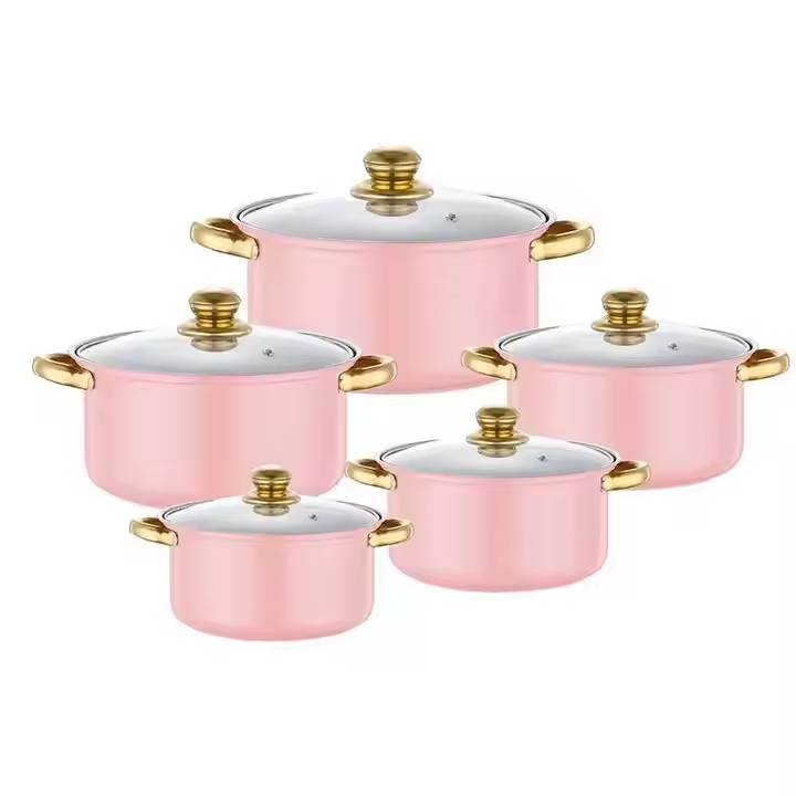 طقم أواني مطبخ من خمس قطع عالية الجودة من أواني حديد الزهر برتقالية مقبض ذهبي High Quality 5 Piece Cast Iron Cookware Set Orange Gold Handle