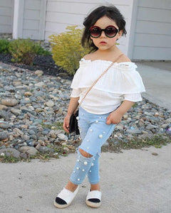 Girls' 2-Piece Beaded Jeans Outfits Summer Elegant 