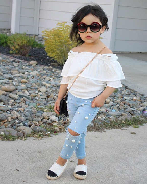 Girls' 2-Piece Beaded Jeans Outfits Summer Elegant 