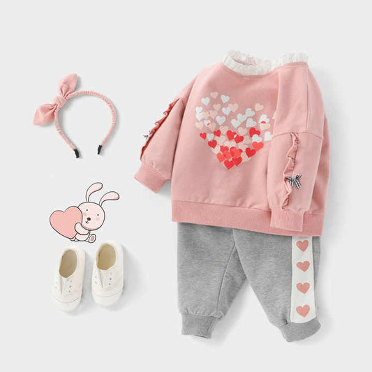 New Design Spring Autumn Girls Long Sleeve Leaf Print 2 Piece Outfits 