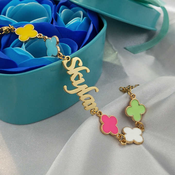 Kids Accessories Color Four Leaf Clover Name Bracelet Custom Initial Name Gold Plated 