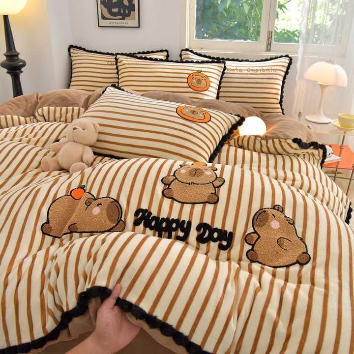 New Winter Striped Velvet Bedding Set 4 Pieces Thick 