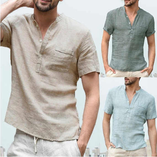 Men's Cotton Linen Henley Neck Pocket Casual Beach Shirt 