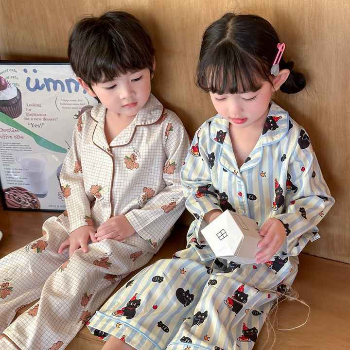 Children's Homewear Lovely Loose Sleepwear 2 Sets Breathable Cotton Long Sleeve Pajamas for Kids OEM 