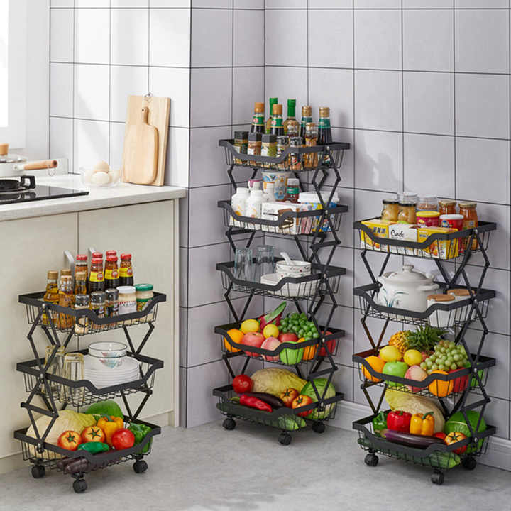 Home &amp; Kitchen Foldable Fruit &amp; Vegetable Storage Basket Rolling Standing Organizer Shelf Trolley with Wheels 