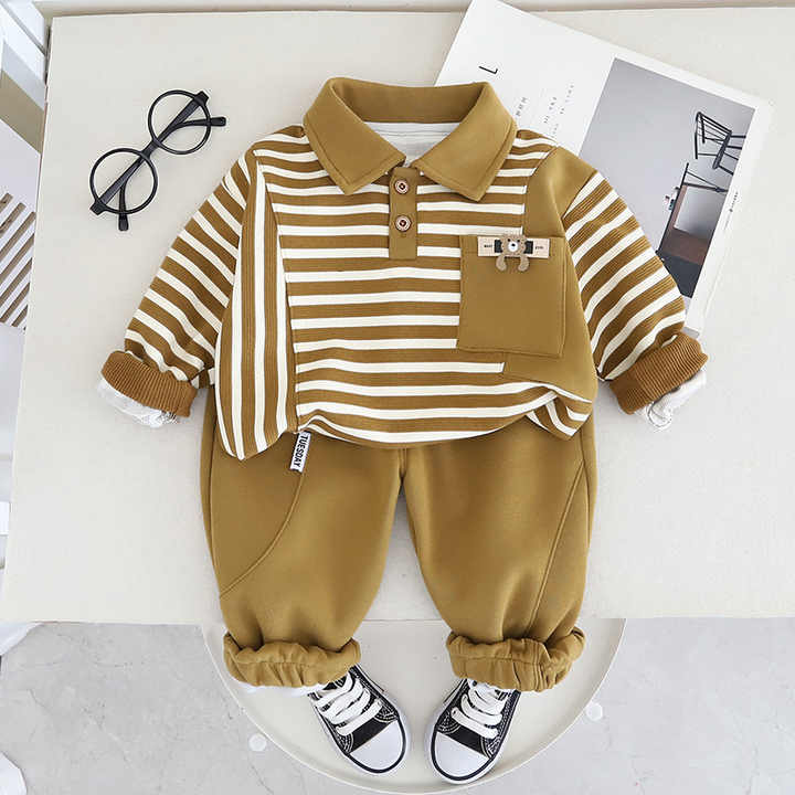 Boys' Pants 2-Piece Striped Collar Pocket Shirt Set for Boys 