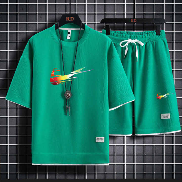 Men's 2 Piece Holiday Couple Set Fashion Loose T-shirt + Plus Size Five Quarter Pants 