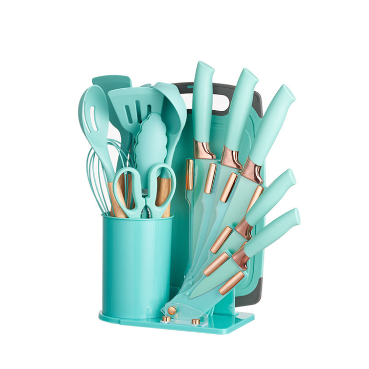 طقم أواني مطبخ 19 قطعة من الفولاذ المقاوم للصدأ للمطبخ أدوات طهي من السيليكون بمقبض خشبي للطبخ19 Piece Stainless Steel Kitchen Utensil Set Silicone Cooking Tools with Wooden Handle for Cooking