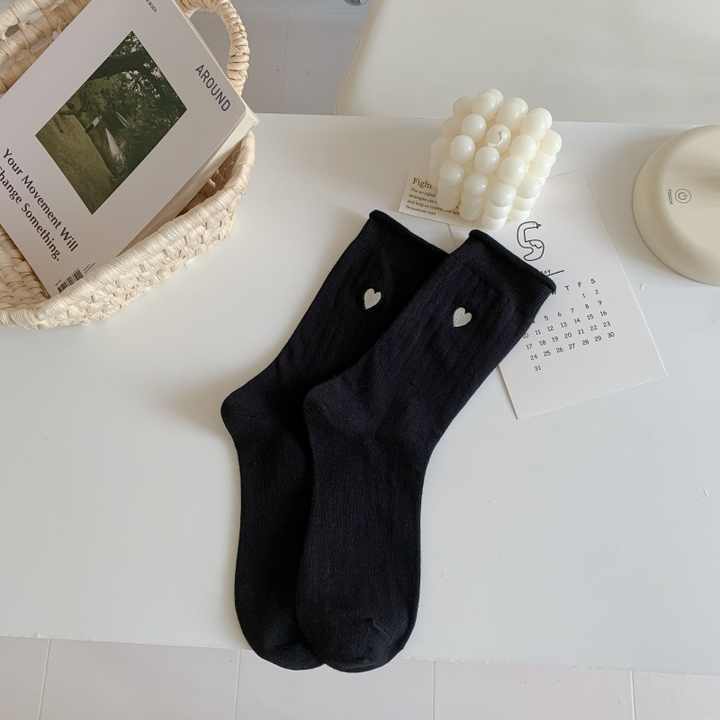 Fashion Embroidered Cotton Women's Socks UF4306 Simple Mid-Length Socks, Soft Long Socks 