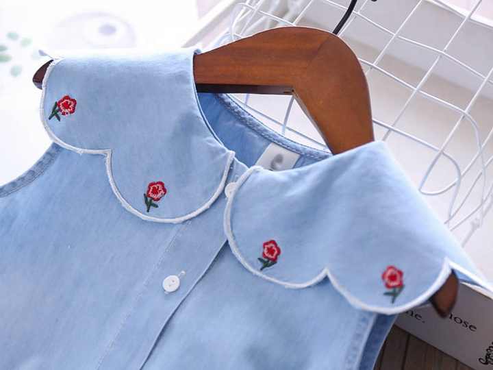 Summer Girls Clothing Set Denim Flower Embroidered Lapel Top + Net Yarn Skirt 2 Pieces Suit Princess Baby Kids Children Clothes 