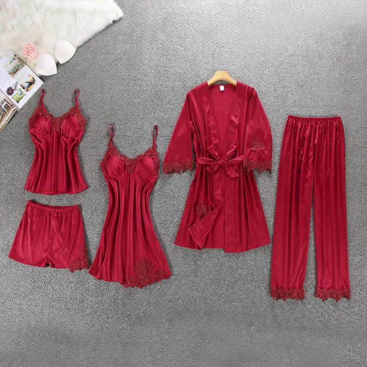 Women's Pajamas Sleepwear Nightgowns for Women Satin Robe 5 Piece Honeymoon Pajama Set 