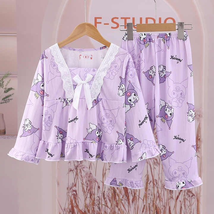 Spring Long Sleeve Pajamas Set, Princess Style Square Collar Pajamas, Cute Cartoon Print Thin Children's 