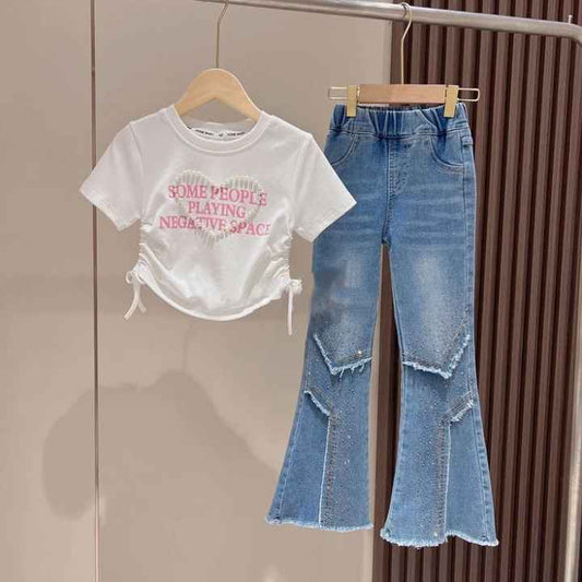 Korean Style Kids Summer Suits T-shirt and Jeans 2 Piece Outfits for Girls Teens 