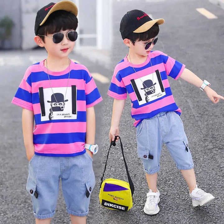 Summer baby boys clothes cotton stripe suit. 