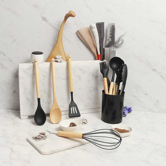 12 Piece Kitchen Accessories Set Non-Stick Kitchen Tools Silicone Spatula Cooking Utensil Set with Wooden Handle 