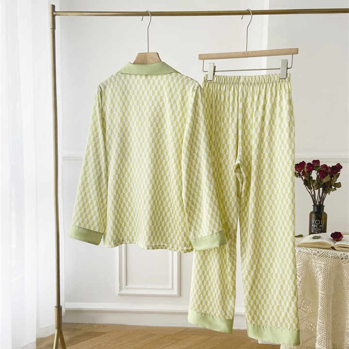 Long Sleeve Long Pants Night Suit Home Wearطقم ملابس نوم نسائية فاخرة من الساتان