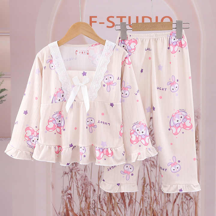 Spring Long Sleeve Pajamas Set, Princess Style Square Collar Pajamas, Cute Cartoon Print Thin Children's 