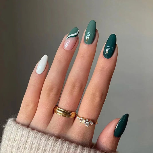 Green and White Press On Nails - Hand Nails 