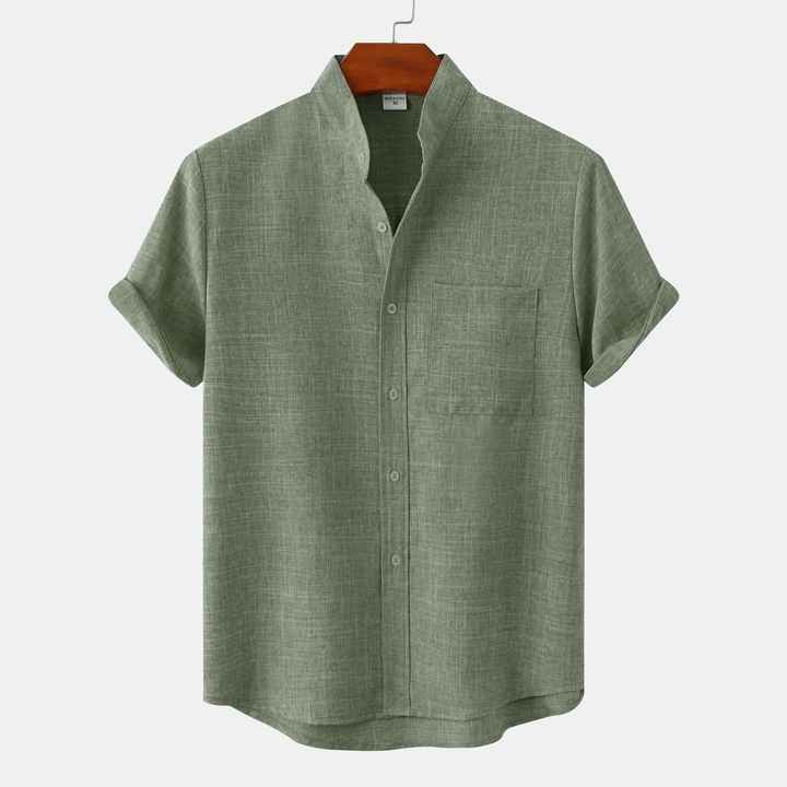 Summer Fashion Men's Casual Solid Color Stand Collar Short Sleeve Cotton Linen Breathable Knitted Top Pocket Shirt 