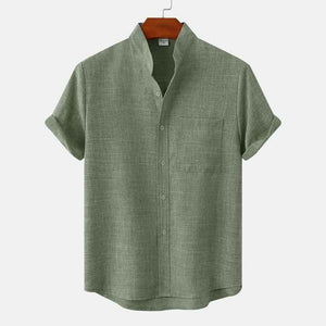 Summer Fashion Men's Casual Solid Color Stand Collar Short Sleeve Cotton Linen Breathable Knitted Top Pocket Shirt 