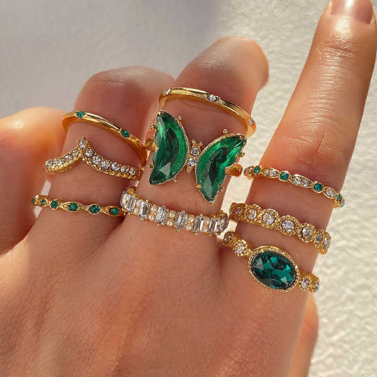 Fashion Green Stone Butterfly Snake Ring Set 