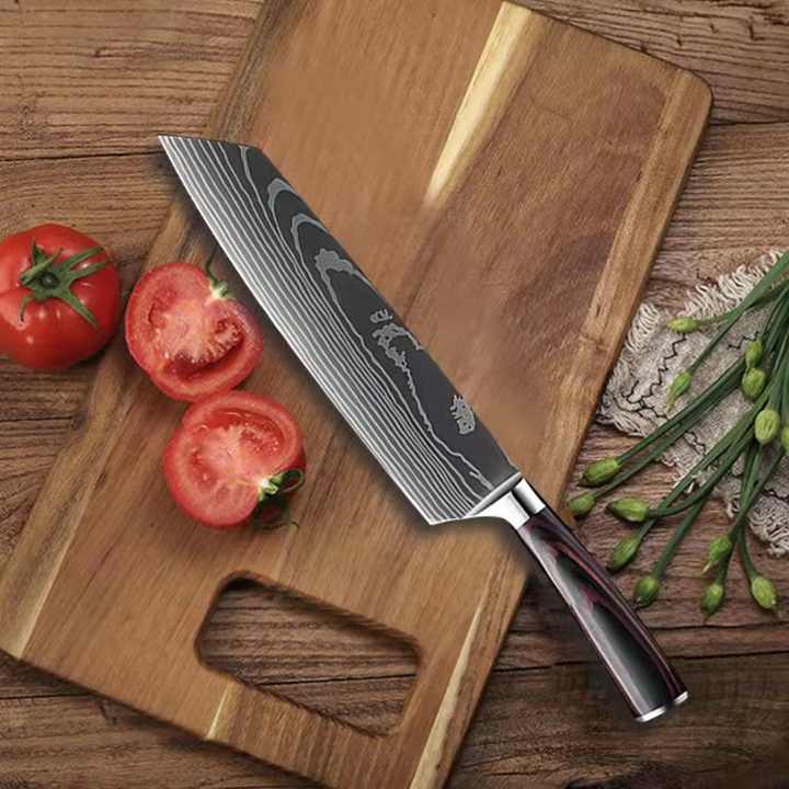 8 Inch 3Cr13 Stainless Steel Kitchen Knife Set, Laser Cut Santoku Slicing Knife 