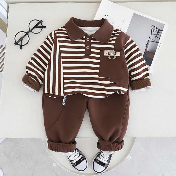 Boys' Pants 2-Piece Striped Collar Pocket Shirt Set for Boys 