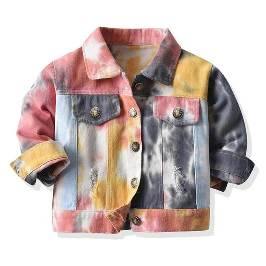 Tie Dyed Hollowed Out Children's Long Sleeve Denim Jacket 