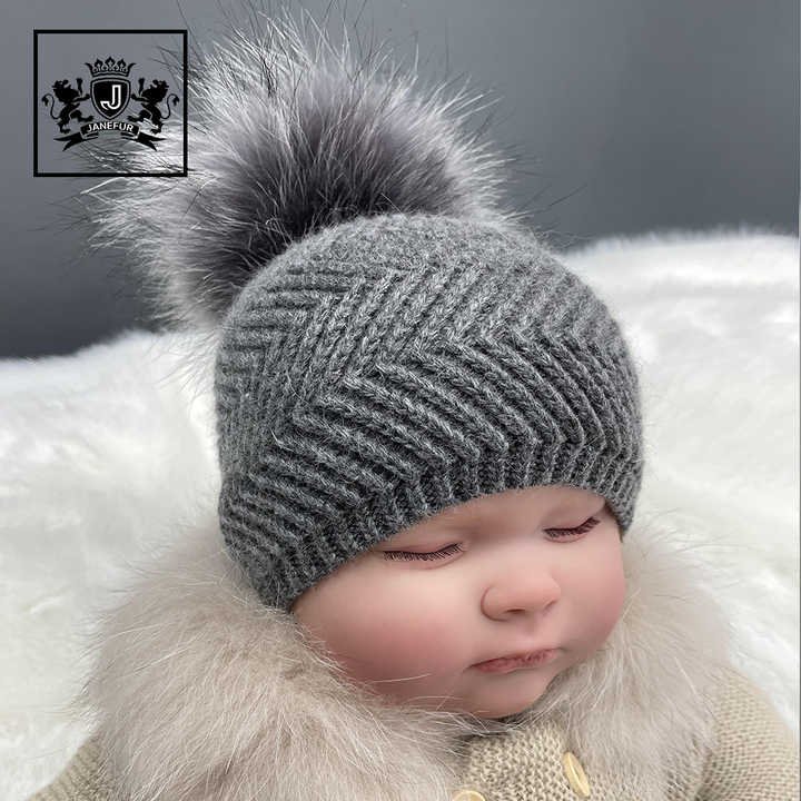 Children's hats with real fur pompom 