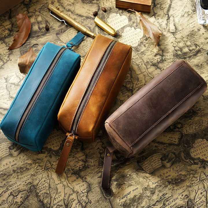 Crazy Horse Leather Pencil Bag Elegant 