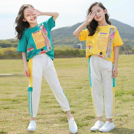 الصيف 2 قطعة القطن تي شيرتات قصيرة الاكمام وطويلة بانت الفتيات مجموعة ملابس ل 5 إلى 9 سنة Summer 2 Pieces Cotton Short Sleeve T-Shirts and Long Pant Girls Clothing Set for 5 to 9 Years