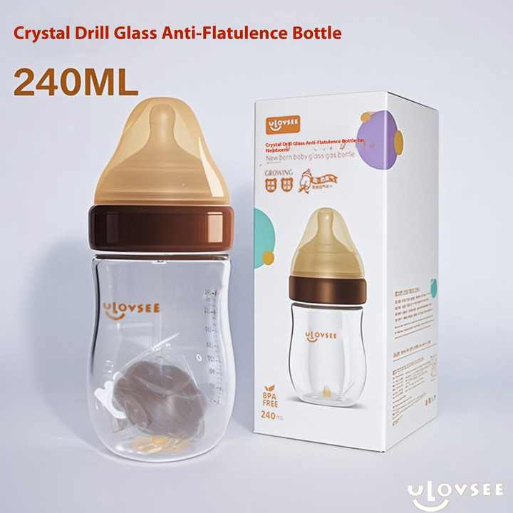 Anti-flatulence baby glass bottle nursing wide neck. 